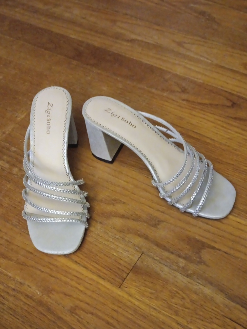 Zigi Soho Silver Rhinestone Strappy Block Heel Mule Formal Wedding Sandals 8.5/9